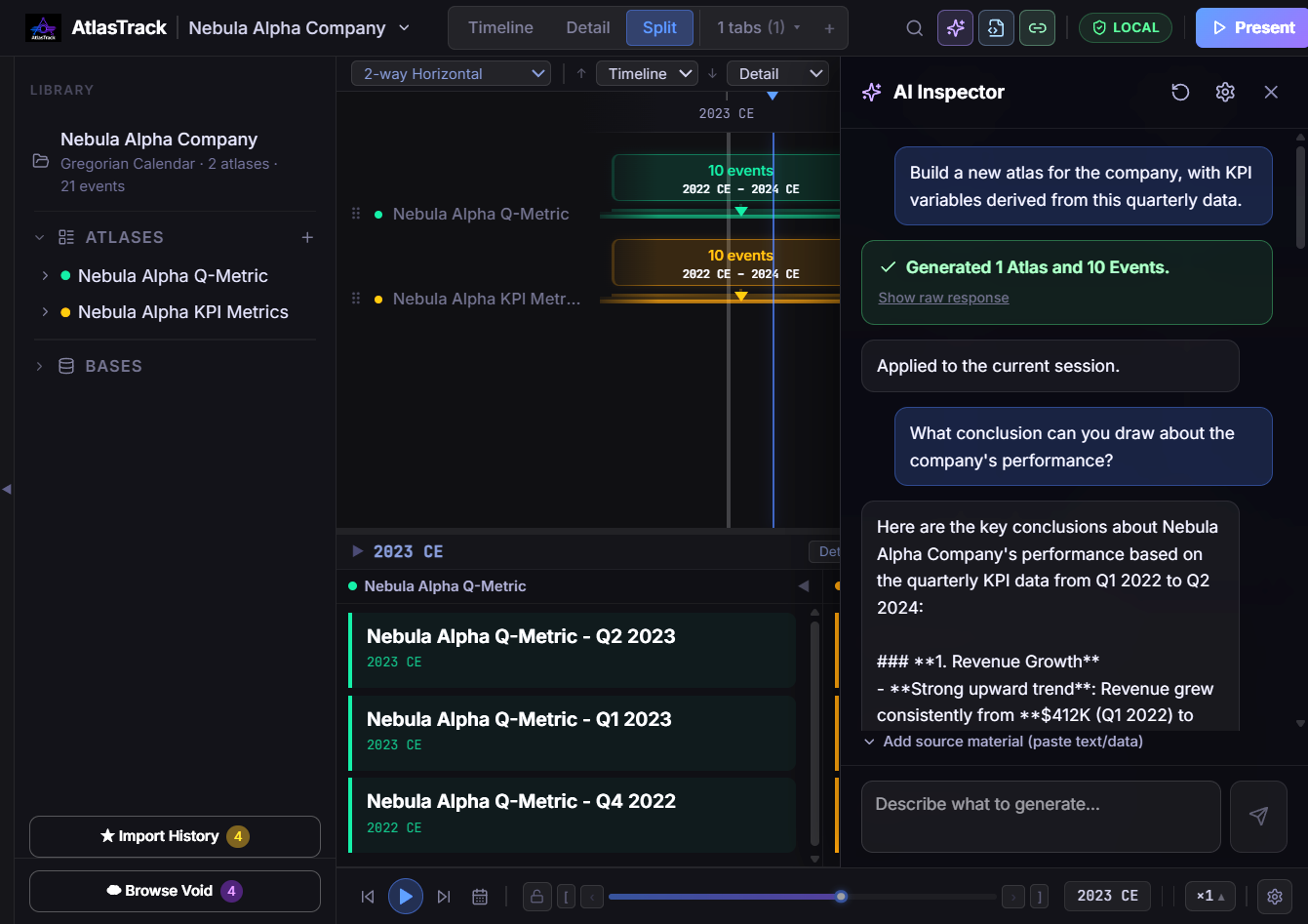 AtlasTrack AI Inspector panel showing a conversation: a new KPI atlas generated and derived from quarterly data, synchronized in Split view alongside the original atlas, then a follow-up question about the company's performance answered in plain language.